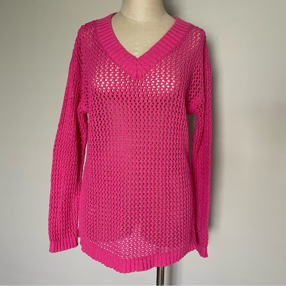 Talbots pink open weave v neck cotton sweater size LP
